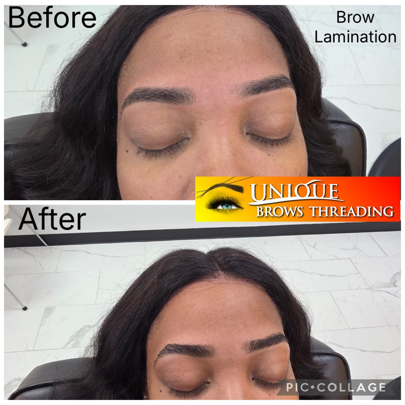 Brow lamination — before & after — Unique Eyebrow Threading